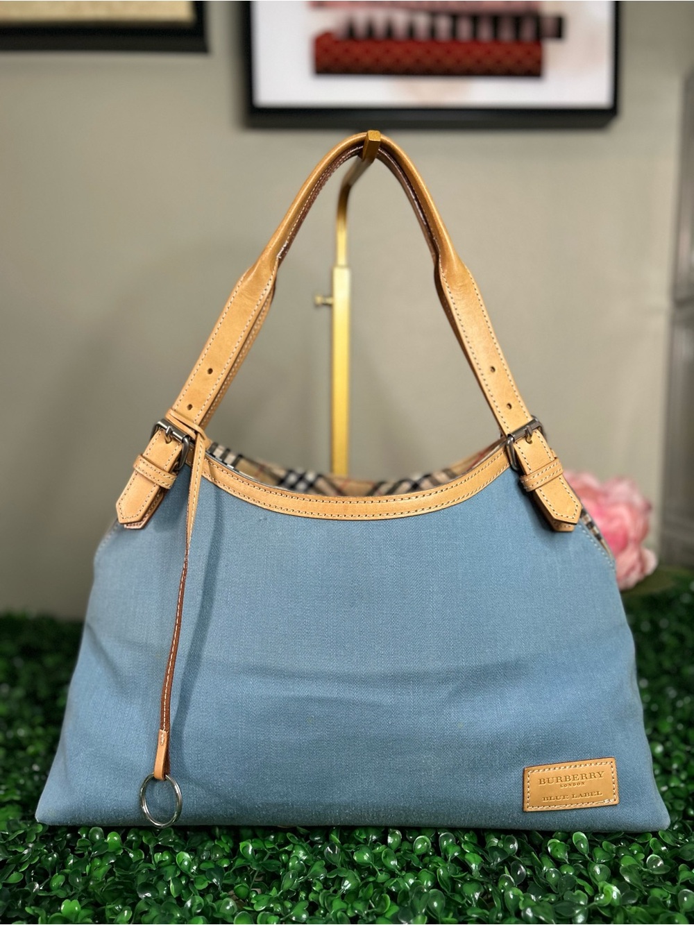 Burberry Blue Label Sky Blue Canvas Shoulder Tote Bag Nova Check Lining